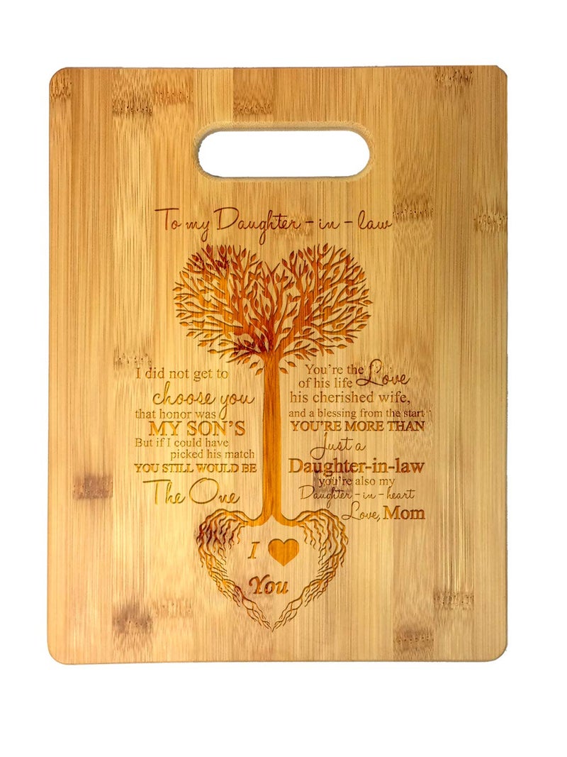 Hat Shark To My Daughter-in-Law Tree Heart Rainbow Sweet Sayings Mother's Day Laser Engraved Bamboo Cutting Board - Wedding, Housewarming, Anniversary, Birthday, Christmas, Gift - Image 1